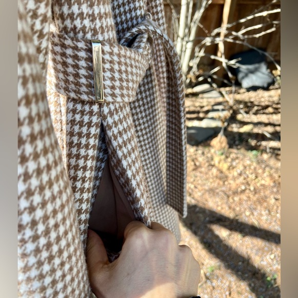 Calvin Klein Wool Shawl Coat women houndstooth M belted plaid khaki cream trench - Picture 10 of 13